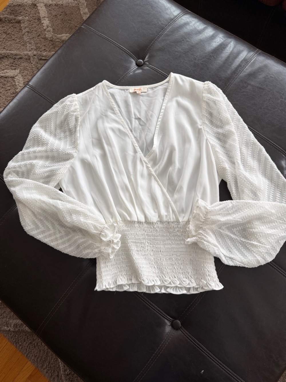 White V-Neck Smocked Waist Blouse with Sheer Balloon Sleeves